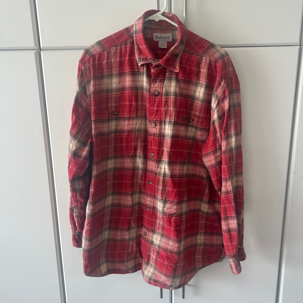 Carhartt Mens Large Red Plaid Flannel Button Down Work Shirt Long‎ Sleeve Cotton